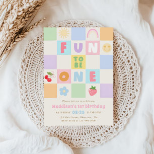 Fun to be One Colourful Gingham 1st Birthday Invitation