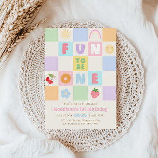 Fun to be One Colourful Gingham 1st Birthday Invitation