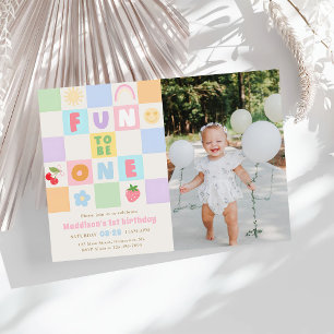 Fun to be One Colourful Gingham 1st Birthday Photo Invitation