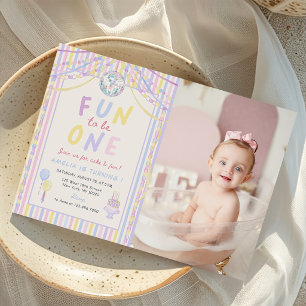 Fun to be One Colourful Girl 1st Birthday Photo Invitation