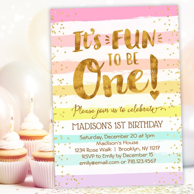 Fun to Be One Girls 1st Birthday Rainbow Gold Invitation (Creator Uploaded)