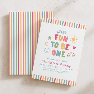 Fun To Be One Girls Colourful 1st Birthday Invitation