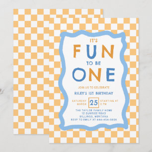 Fun to Be One Orange Chequerboard Boy 1st Birthday Invitation
