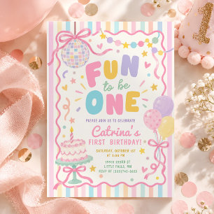 Fun to Be One Pastel Disco Girl 1st Birthday Party Invitation