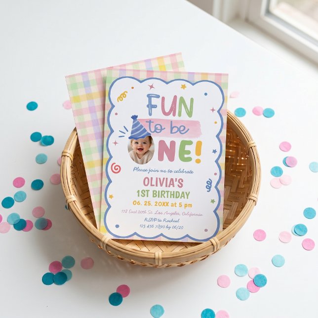 Fun to be One Pastel Gingham Birthday Invite (Creator Uploaded)