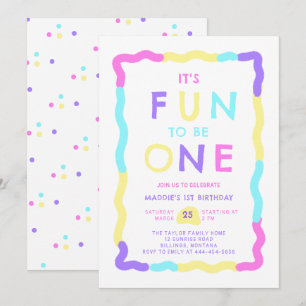 Fun to Be One Pastel Rainbow Squiggle 1st Birthday Invitation