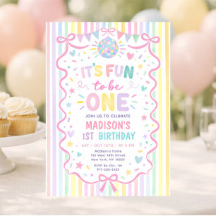 Fun to be One Pastel Stripes Girl Birthday Invitation