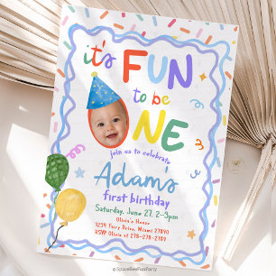 Fun To Be One Photo 1st Birthday Boy Invitation