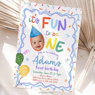 Fun To Be One Photo 1st Birthday Boy Invitation