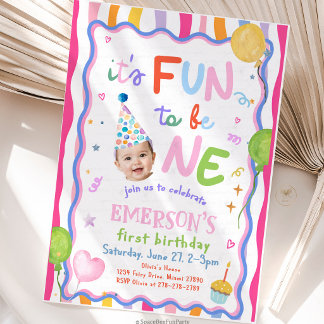 Fun To Be One Photo 1st Birthday Invitation