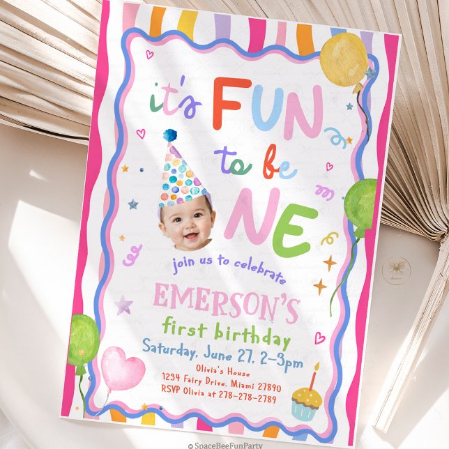 Fun To Be One Photo 1st Birthday  Invitation (fun to be one, first birthday, 1st birthday party, baby birthday, birthday invitation, birthday deco)