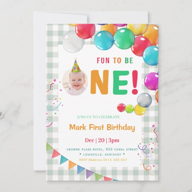 Fun to Be One Photo First Birthday Invitation (Front)