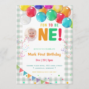 Fun to Be One Photo First Birthday part Invitation