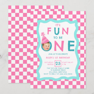 Fun to Be One Photo Pink Chequerboard 1st Birthday Invitation