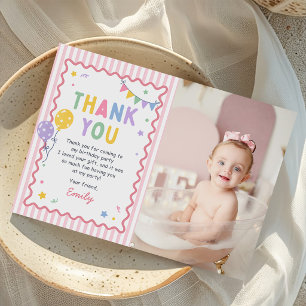 Fun To Be One Pink Colourful 1st Birthday Photo Thank You Card