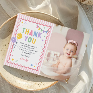 Fun To Be One Pink Colourful 1st Birthday Photo Thank You Card
