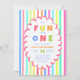 Fun to Be One Rainbow Stripe Scallop 1st Birthday Invitation