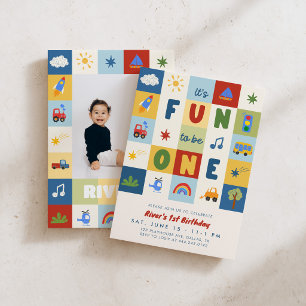 Fun To Be One Retro Boys 1st Birthday Photo Invitation