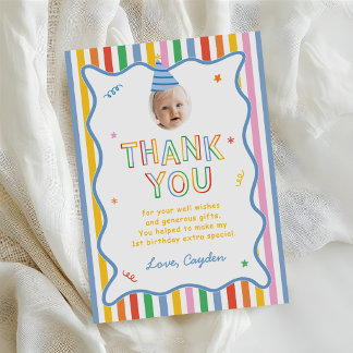 Fun To Be One Retro Colourful Boy 1st Birthday Thank You Card