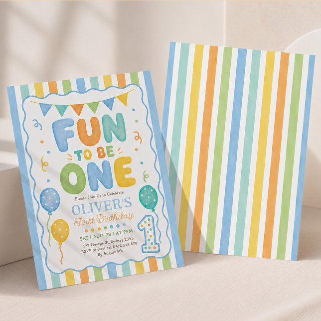 Fun to Be One: Striped Boy 1st Birthday Invitation (Creator Uploaded)
