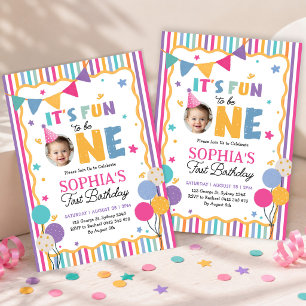 Fun to be One: Striped Colourful 1st Birthday Phot Invitation