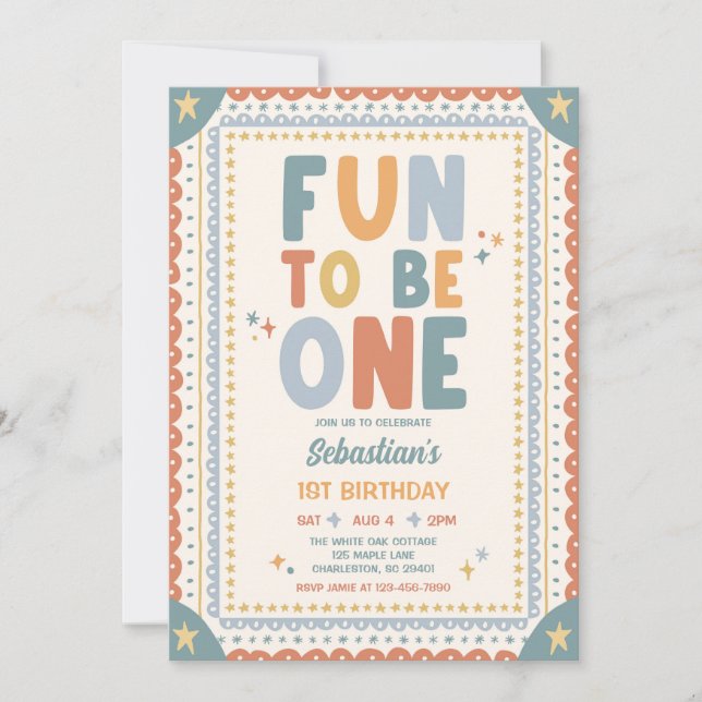 Fun To Be One Whimsical Boy First Birthday Party Invitation (Front)
