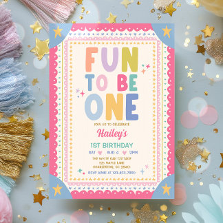 Fun To Be One Whimsical Girl First Birthday Party Invitation