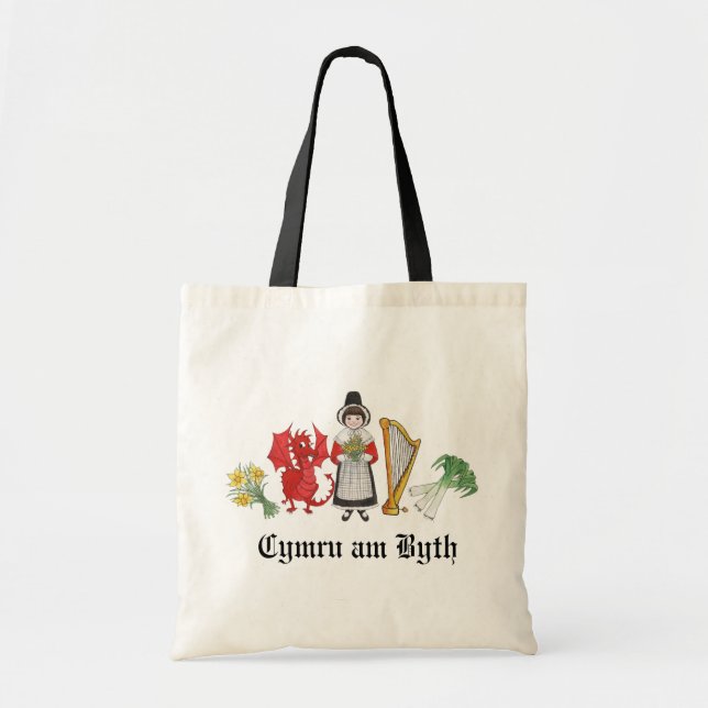 Fun Tote Bag Welsh, Daffodils, Dragon, Leeks, Harp (Front)