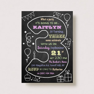 Fun & Trendy Calkboard 3rd Birthday Invitations