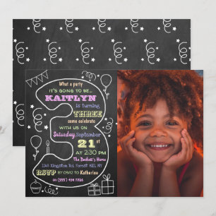 Fun & Trendy Calkboard Photo 3rd Birthday Invitation