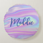 Fun Trendy Faux Iridescent Personalised w/ Name Round Cushion<br><div class="desc">This fun and modern throw pillow features a faux iridescent background in playful shades of pink, purple, and blue. On top of the background image is your name in modern calligraphy script. The design is the same on both sides. Makes a fabulous gift for anyone - but especially for a...</div>