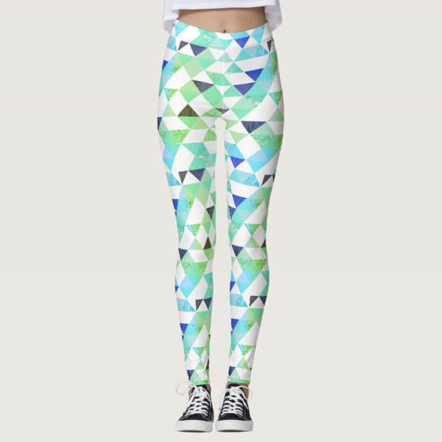Fun Triangles Of Blue and Green  Leggings (Front)