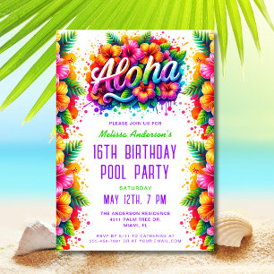 Fun Tropical Aloha Birthday Pool Party Green Invitation