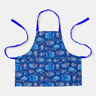 Fun tropical fishes on blue apron