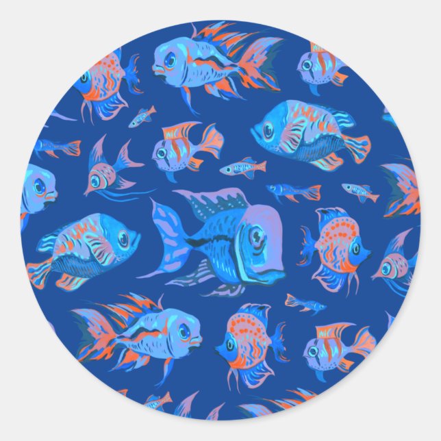 Fun tropical fishes on blue classic round sticker (Front)