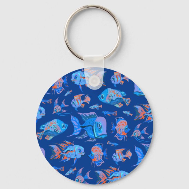 Fun tropical fishes on blue key ring (Front)