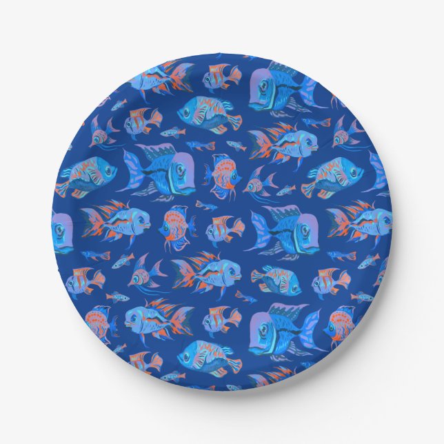 Fun tropical fishes on blue paper plate (Front)