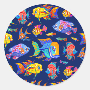 Fun tropical fishes on dark blue classic round sticker