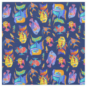 Fun tropical fishes on dark blue fabric