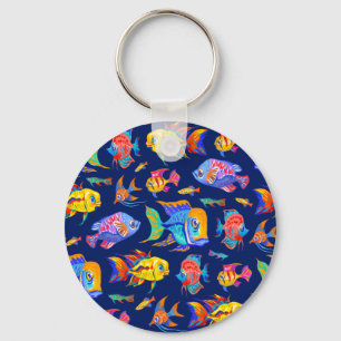 Fun tropical fishes on dark blue key ring