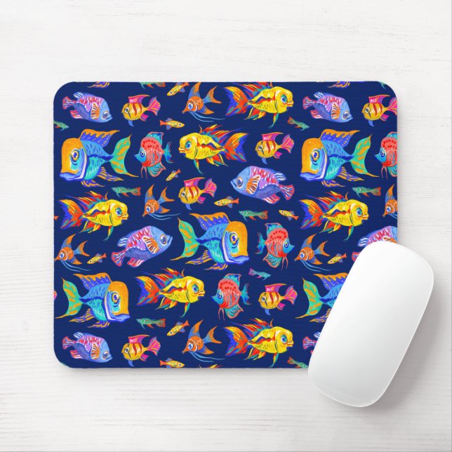 Fun tropical fishes on dark blue mouse pad (With Mouse)