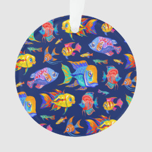 Fun tropical fishes on dark blue ornament