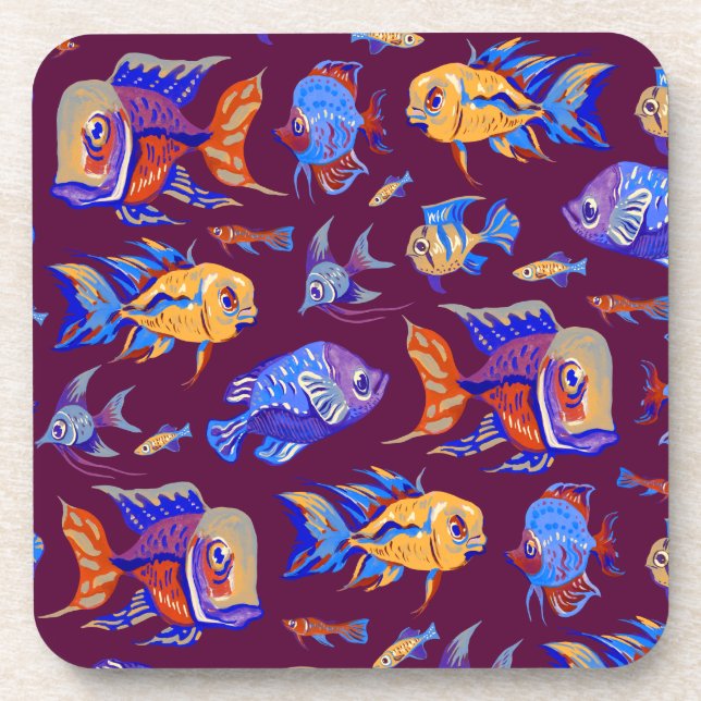 Fun tropical fishes on dark purple coaster (Front)