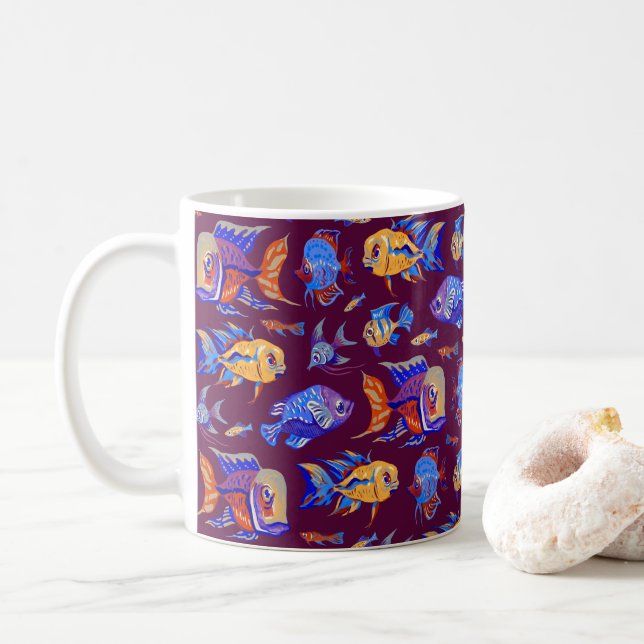 Fun tropical fishes on dark purple coffee mug (With Donut)
