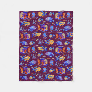 Fun tropical fishes on dark purple fleece blanket