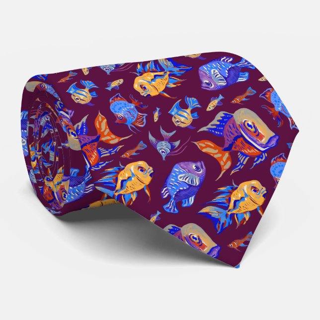 Fun tropical fishes on dark purple tie (Rolled)