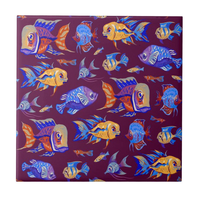 Fun tropical fishes on dark purple tile (Front)