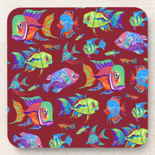 Fun tropical fishes on dark red coaster (Front)