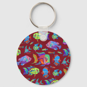 Fun tropical fishes on dark red key ring