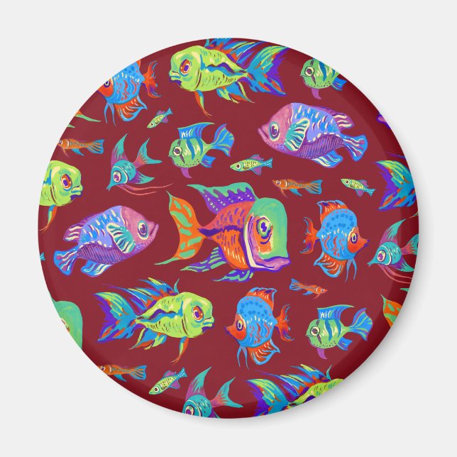 Fun tropical fishes on dark red magnet (Front)